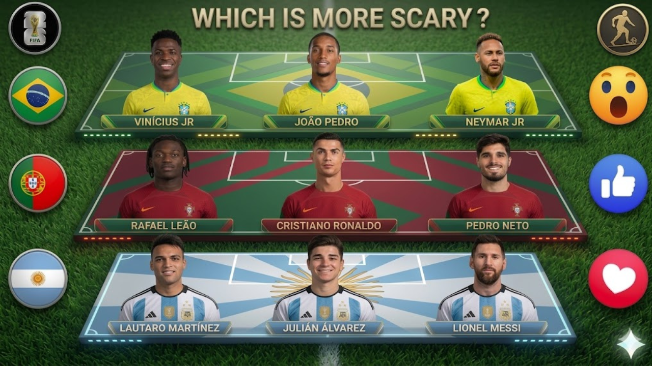 Top national Football teams Brazil, Portugal, and Argentina, Ranking the Best Forward Trios in World